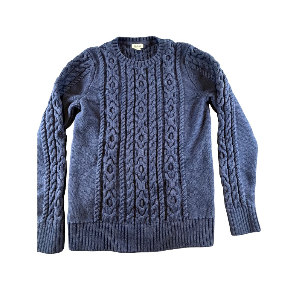 LL Bean Navy Blue Cable Knit Crewneck Sweater Small Regular Cotton Blend